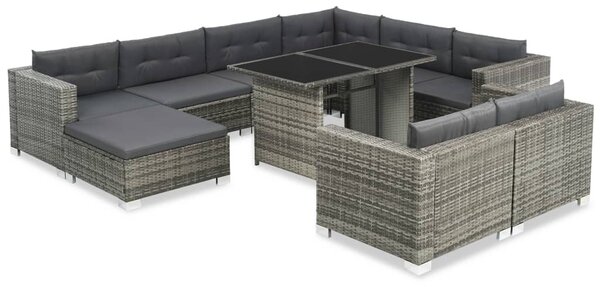 10-részes szürke polyrattan kerti bútorszett párnákkal