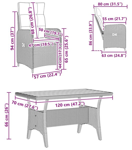 VidaXL Kültéri étkező szett 3 pcs Fekete polirattan