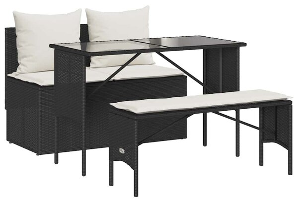 3 részes fekete polyrattan kerti étkezőgarnitúra párnákkal