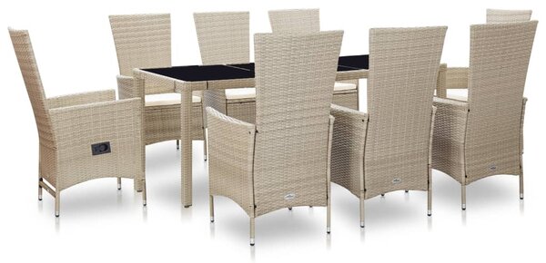 9 részes bézs polyrattan kültéri étkezőszett párnákkal