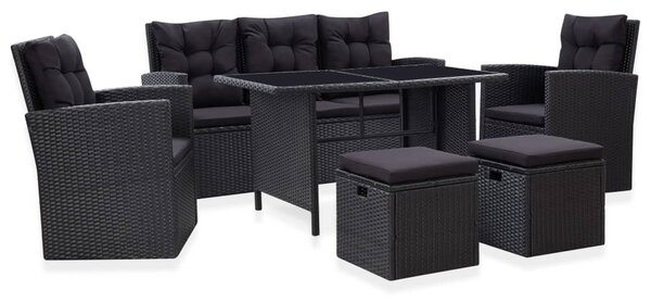 6 részes fekete polyrattan kerti bútorszett párnákkal
