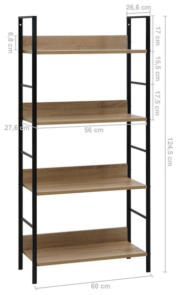 4 szintes tölgyszínű szerelt fa könyvespolc 60x27,6x124,5 cm