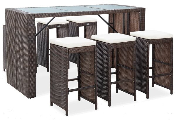 7 részes barna polyrattan kerti bárszett párnákkal