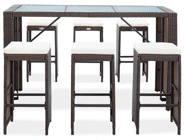 7 részes barna polyrattan kerti bárszett párnákkal