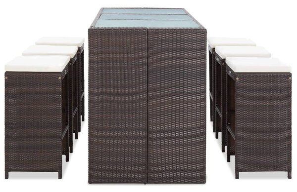 7 részes barna polyrattan kerti bárszett párnákkal