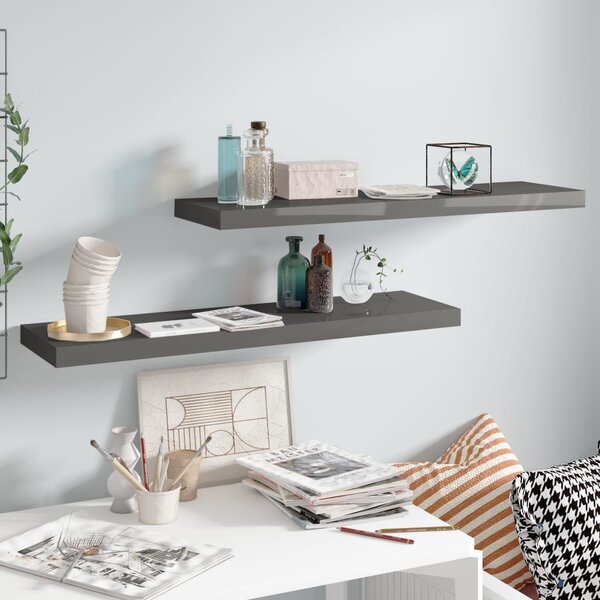 2 db magasfényű szürke MDF lebegő fali polc 90 x 23,5 x 3,8 cm