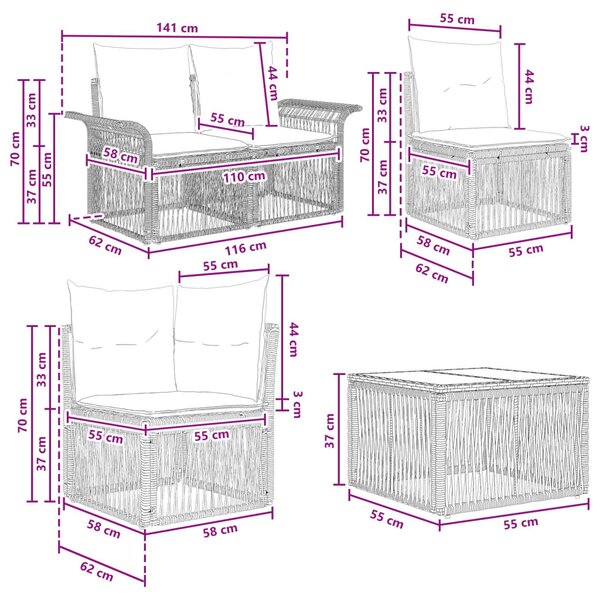 Kerti Kanapé Szett 14 pcs Beige és Krémszínű polirattan