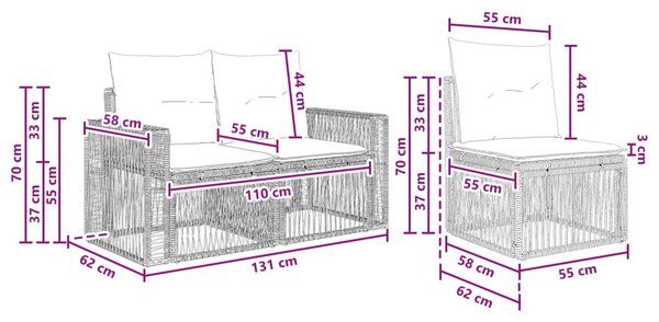 VidaXL Kerti Kanapé Szett 3 pcs Beige és Krémszínű polirattan
