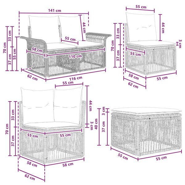 Kerti Kanapé Szett 9 pcs Beige és Krémszínű polirattan