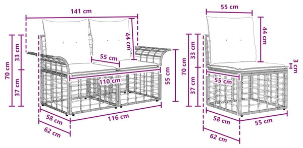Kültéri kanapé szett 3 pcs Természetes és Krémszínű Fehér