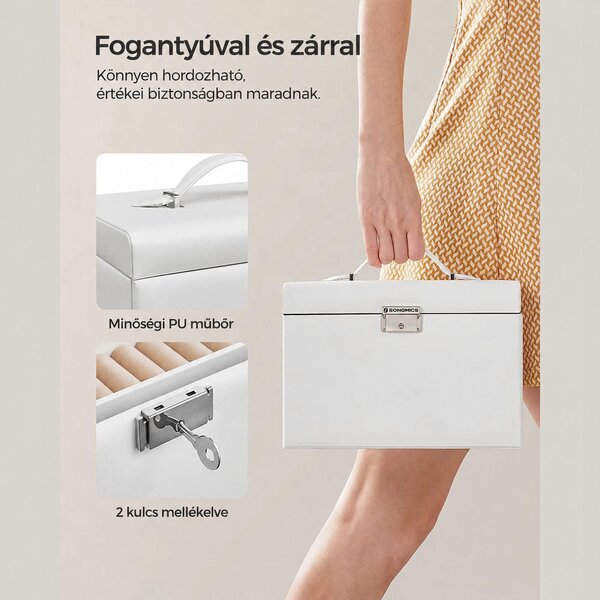 Ékszertartó 2 fiókkal, zárható ékszertartó tükörrel fehér színű