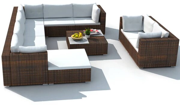 10-részes barna polyrattan kerti bútorszett párnákkal