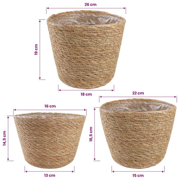 VidaXL Tengeri fű növénytartók 3 pcs Természetes Ø26 x 19 cm