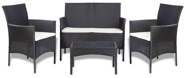 4-részes fekete polyrattan kerti bútorszett párnákkal