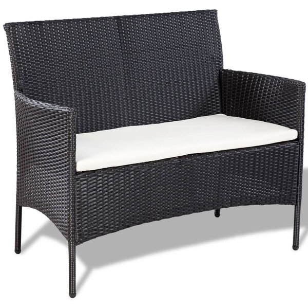 4-részes fekete polyrattan kerti bútorszett párnákkal