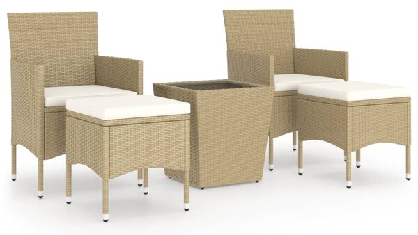 5 részes bézs polyrattan és edzett üveg kerti bisztrószett