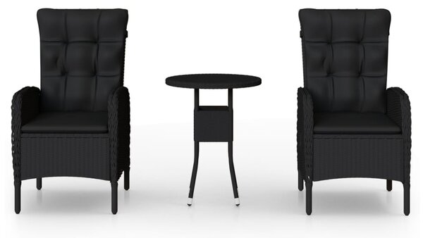 3 részes fekete polyrattan kerti étkezőgarnitúra párnákkal