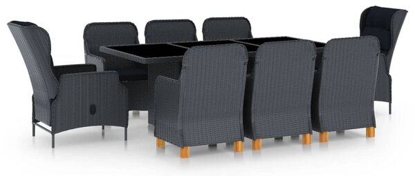 9 részes sötétszürke polyrattan kültéri étkezőszett párnákkal