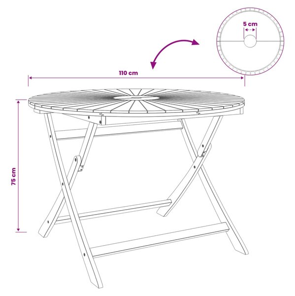 VidaXL Összecsukható kertasztal Természetes Ø110 x 75 cm Tömör Akácfa