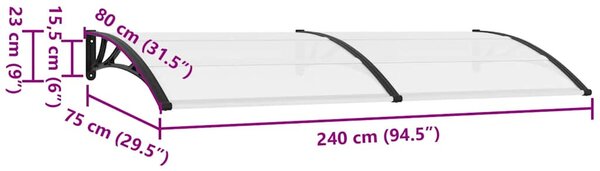 Fekete és átlátszó polikarbonát ajtóelőtető 240 x 75 cm