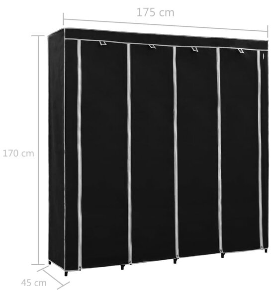 Fekete ruhásszekrény 4 tárolórekesszel 175 x 45 x 170 cm