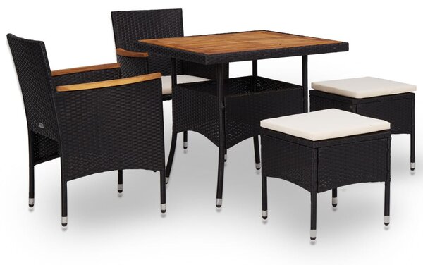 5 részes fekete kültéri polyrattan és akácfa étkezőszett