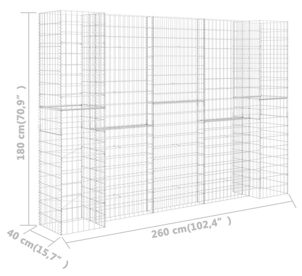 H alakú acéldrót virágtartó gabion 260 x 40 x 180 cm