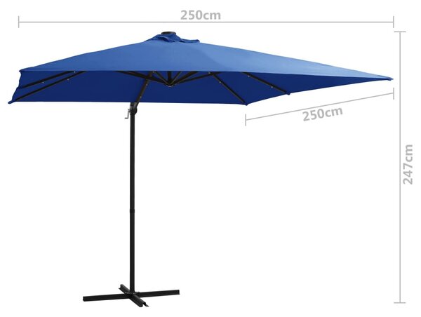 Azúrkék konzolos napernyő LED-del és acélrúddal 250x250 cm