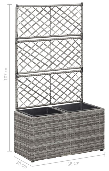 Szürke rácsos polyrattan magaságyás 2 kaspóval 58 x 30 x 107 cm