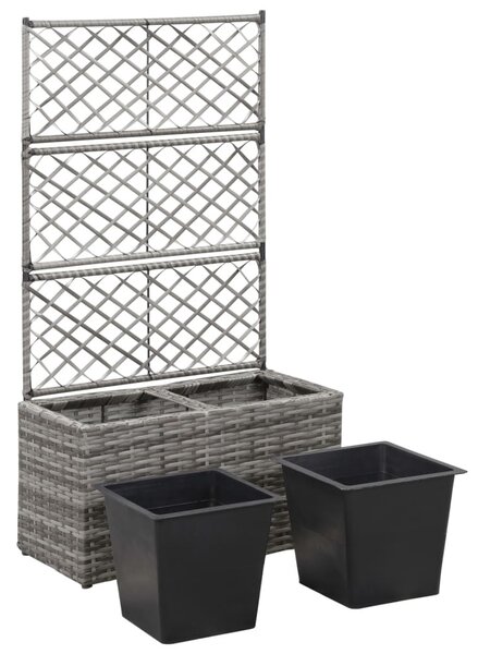 Szürke rácsos polyrattan magaságyás 2 kaspóval 58 x 30 x 107 cm