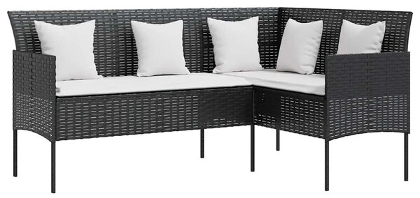 5 személyes fekete polyrattan L-alakú kanapészett párnákkal