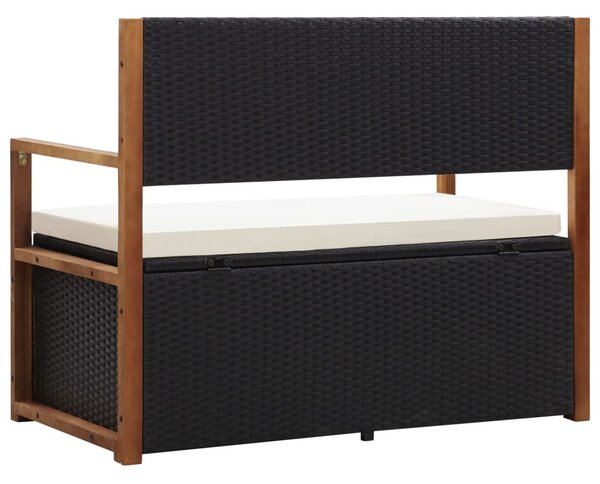 Fekete polyrattan és tömör akácfa tárolópad 115 cm