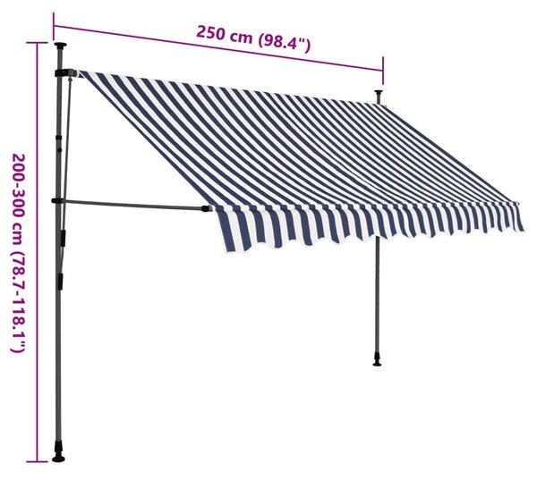 Kék és fehér kézzel kihúzható LED-es napellenző 250 cm