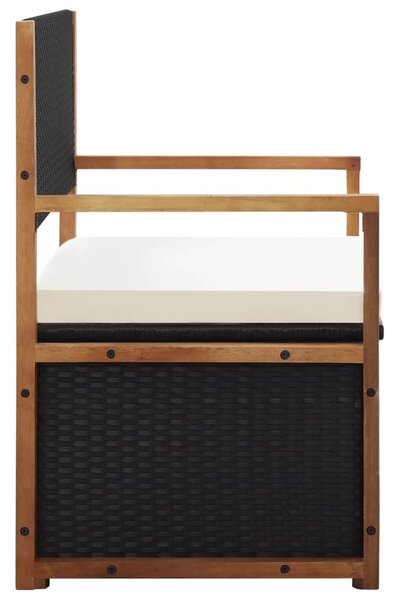 Fekete polyrattan és tömör akácfa tárolópad 115 cm