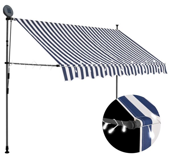 Kék és fehér kézzel kihúzható LED-es napellenző 250 cm