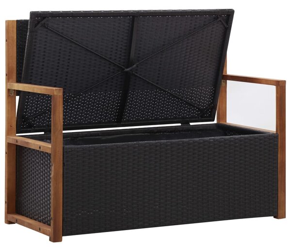 Fekete polyrattan és tömör akácfa tárolópad 115 cm
