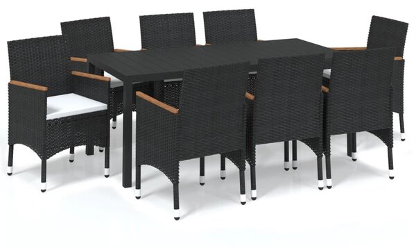 9 részes fekete polyrattan kerti étkezőgarnitúra párnákkal