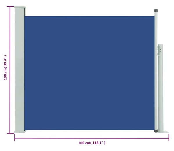 Kék behúzható oldalsó teraszi napellenző 100 x 300 cm
