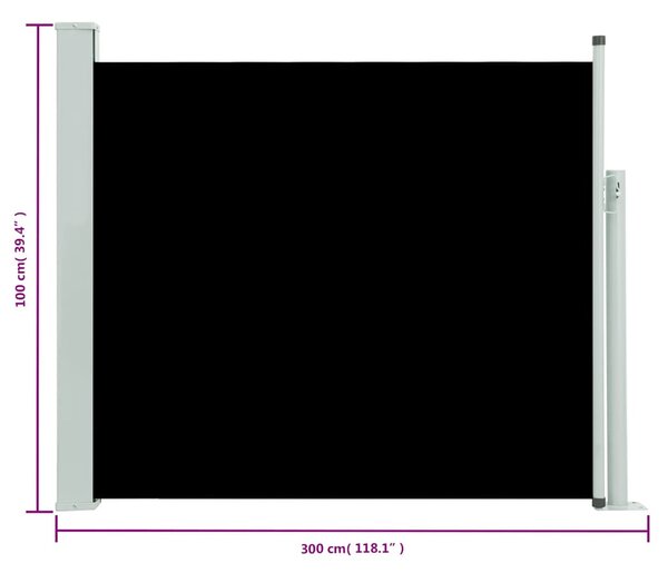 Fekete behúzható oldalsó teraszi napellenző 100 x 300 cm