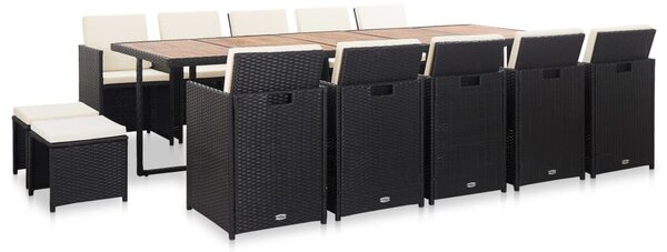 15 részes fekete polyrattan kültéri étkezőgarnitúra párnákkal