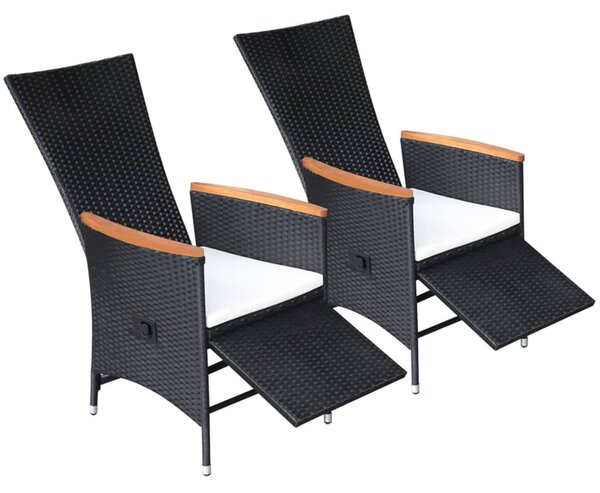 2 db fekete dönthető háttámlás polyrattan kerti szék párnával