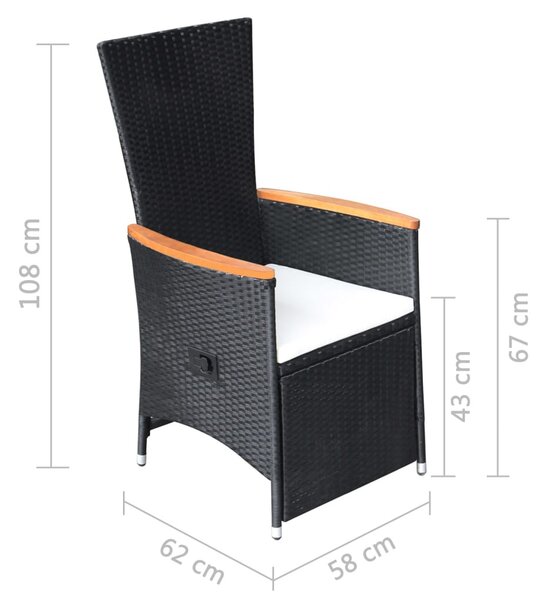2 db fekete dönthető háttámlás polyrattan kerti szék párnával