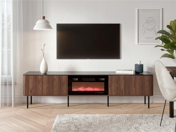 TV-állvány Miravio 106, Laminált forgácslap, Üveg, Közepes sűrűségű farostlemez, 55x200x40cm, Fekete márvány, Dió
