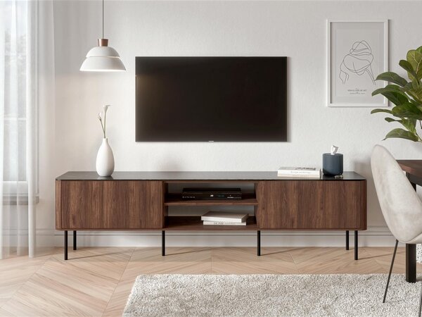 TV-állvány Miravio 106, Közepes sűrűségű farostlemez, Laminált forgácslap, 55x200x40cm, Fekete márvány, Dió