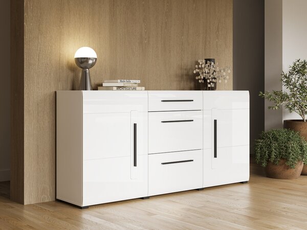 Komód Ophsalu 108, Laminált forgácslap, 86x180x39cm, Fényes fehér, Fehér