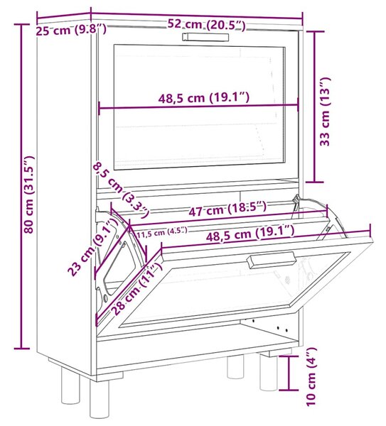 Fekete szerelt fa és természetes rattan cipőszekrény 52x25x80cm