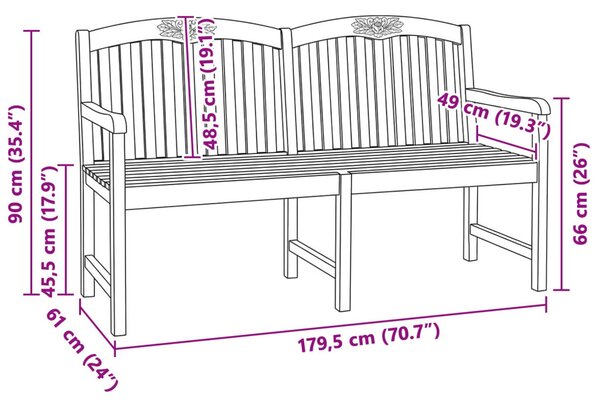 VidaXL Kézműves Rózsabank Természetes 179,5 x 61 x 90 cm Tömör Teakfa