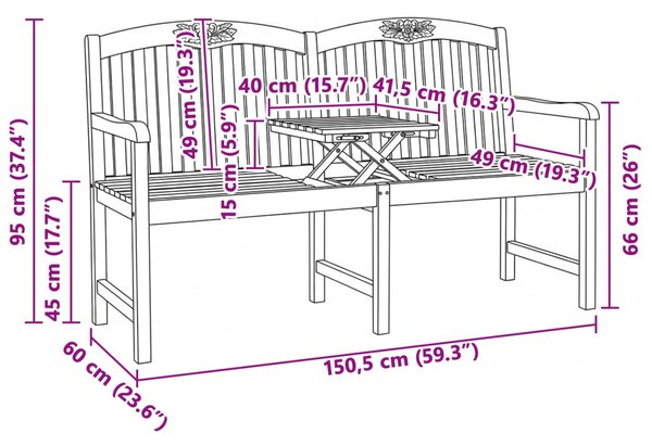 VidaXL Kézműves Rózsabank Természetes 150,5 x 60 x 95 cm Tömör Teakfa