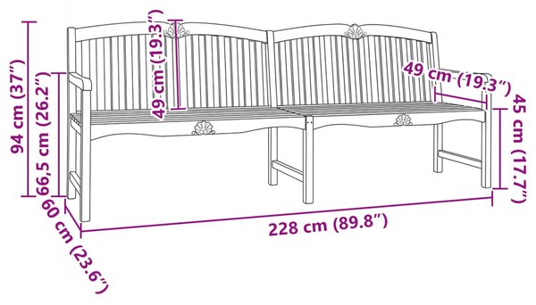 VidaXL Kézműves Rózsabank Természetes 228 x 61 x 94,5 cm Tömör Teakfa
