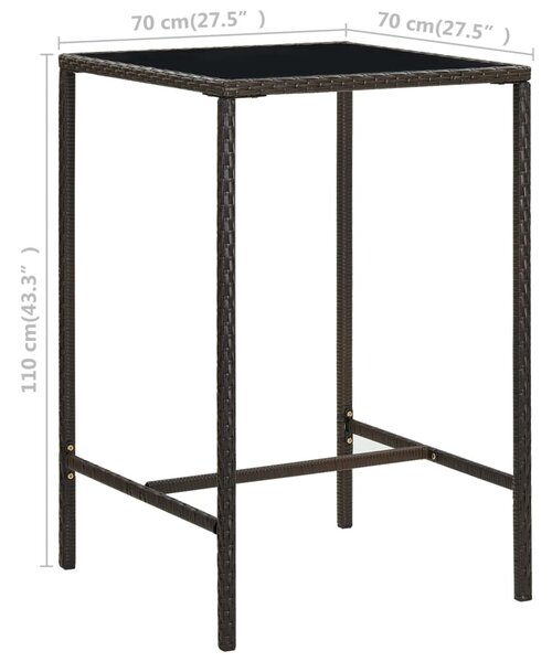Barna polyrattan és üveg kerti bárasztal 70 x 70 x 110 cm